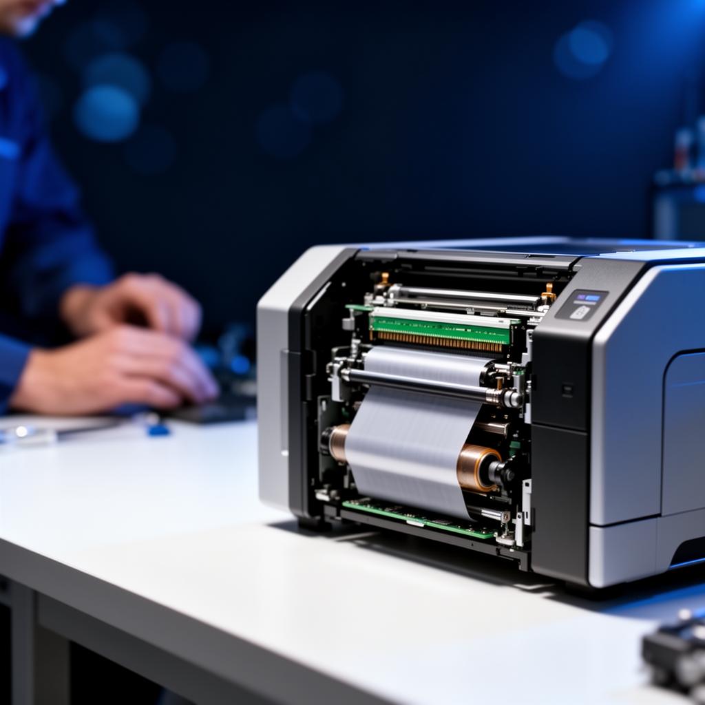 Technician servicing an ID card printer in the repair lab