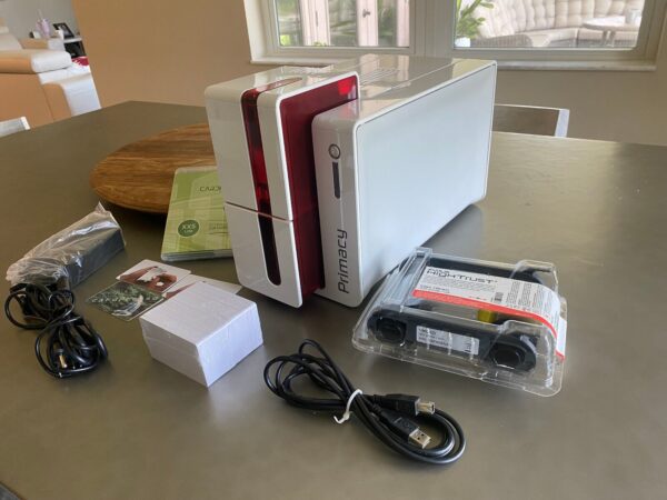 Evolis Primacy Plastic ID Card/Badge Printer With Starter Pack Bundle with Ribbon, Cards